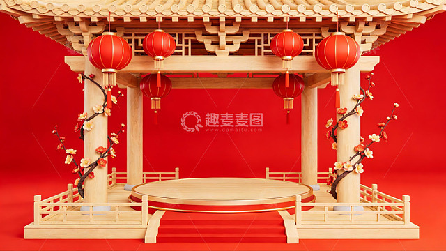 中式亭台红灯笼装饰