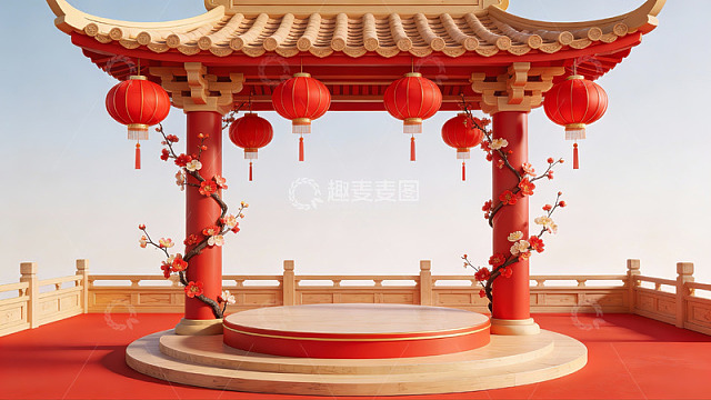 中式亭台红灯笼装饰