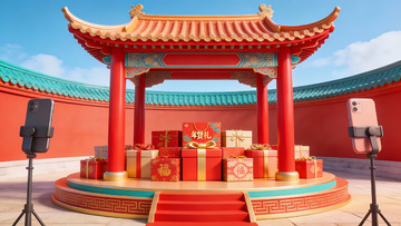 传统建筑前的节日礼盒展示
