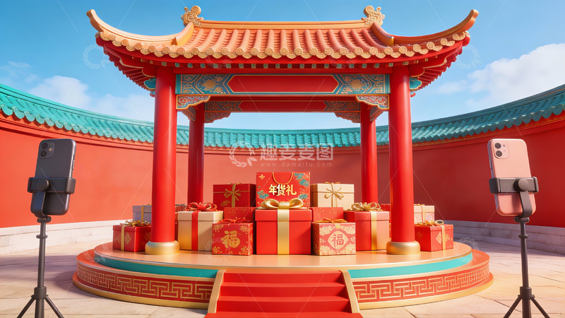 高清大图下载【趣麦麦图】传统建筑前的节日礼盒展示