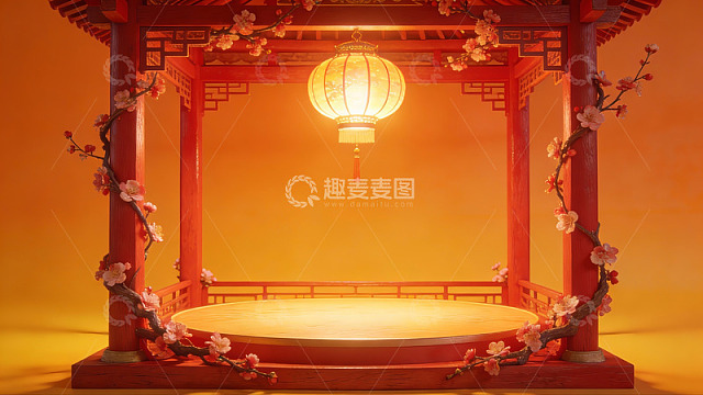 中式亭台与灯笼的静谧场景