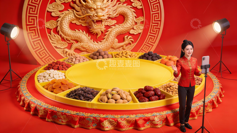 高清大图下载【趣麦麦图】女子在龙纹背景前展示果盘