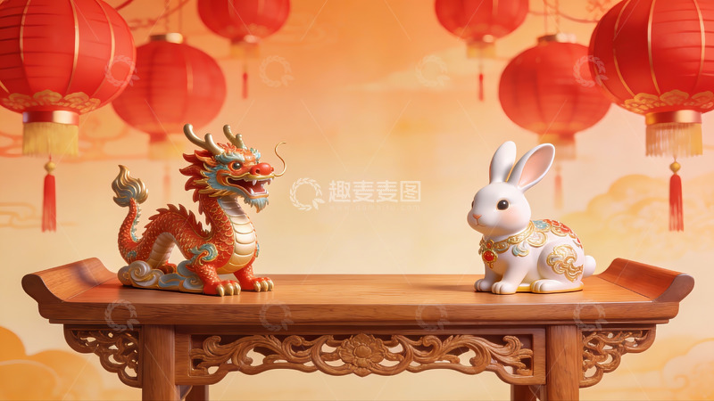 高清大图下载【趣麦麦图】龙兔摆件与红灯笼装饰