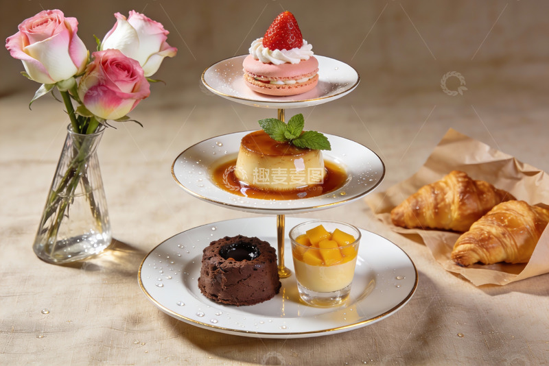 高清大图下载【趣麦麦图】三层甜品架配鲜花与面包