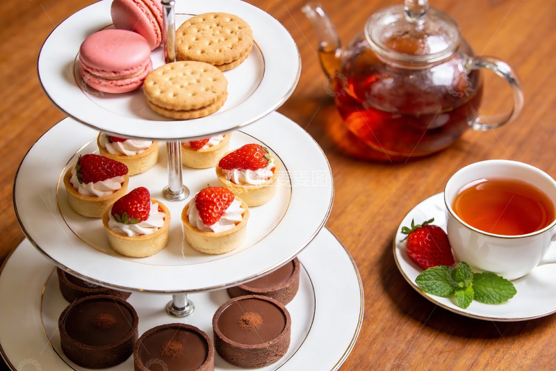 高清大图下载【趣麦麦图】三层下午茶点心与红茶