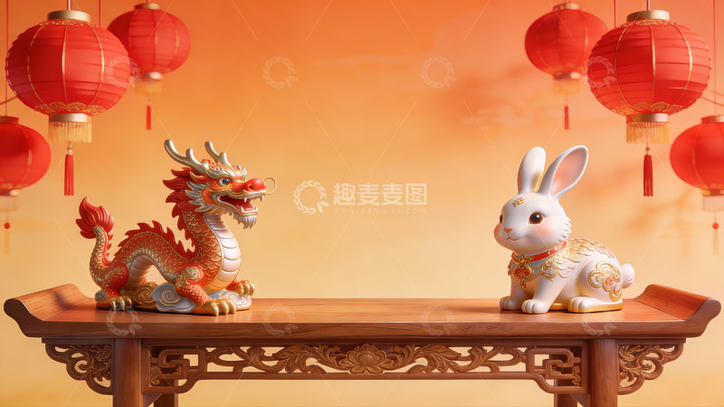 高清大图下载【趣麦麦图】龙兔摆件与红灯笼装饰