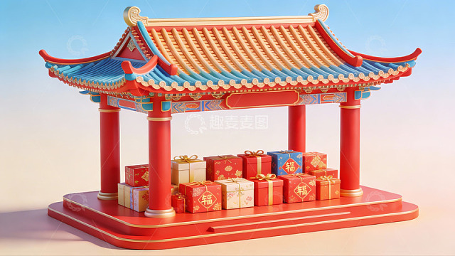 中式亭台与节日礼盒