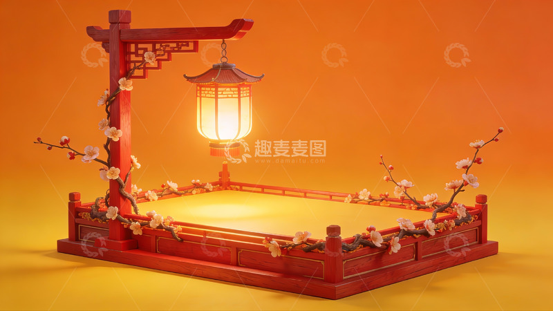 高清大图下载【趣麦麦图】中式灯笼与梅花装饰场景