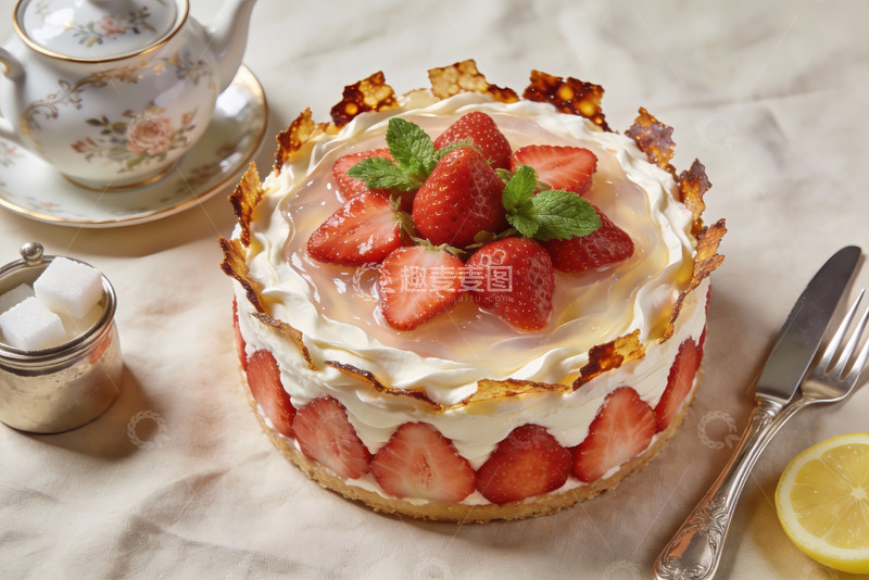 高清大图下载【趣麦麦图】草莓奶油蛋糕配茶具