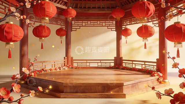 中式亭台红灯梅花装饰