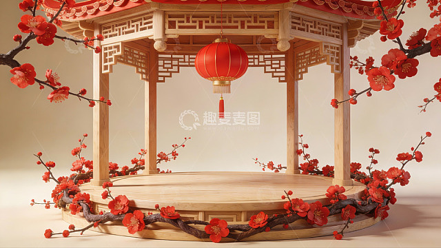 中式亭台梅花红灯笼
