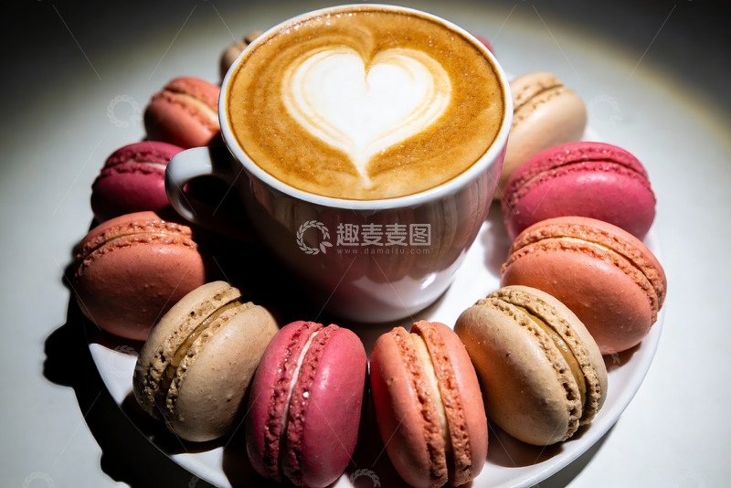 高清大图下载【趣麦麦图】咖啡拉花与马卡龙的甜蜜组合