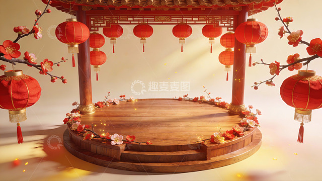 中式亭台红灯笼装饰场景
