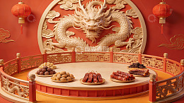 中式龙纹背景下的传统美食陈列