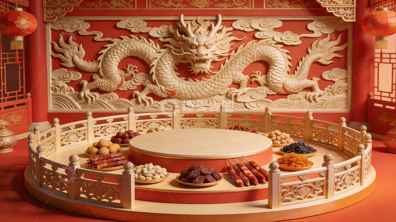 高清大图下载【趣麦麦图】中式龙雕背景美食陈列
