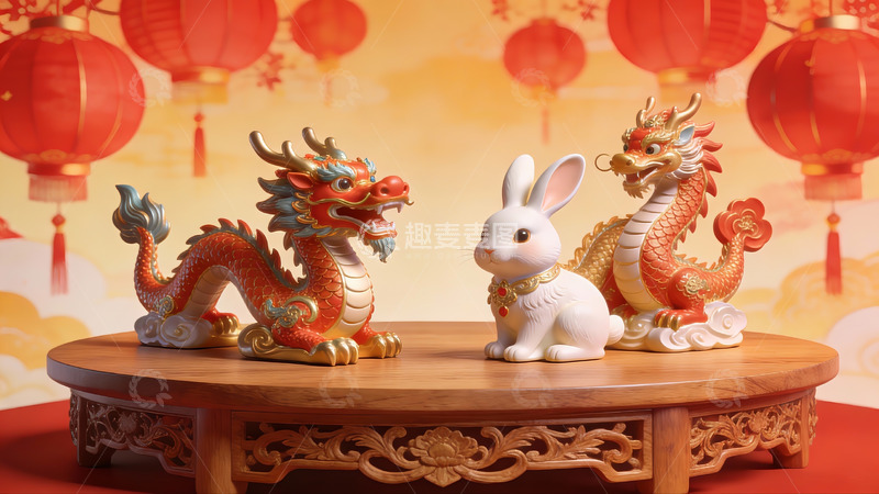高清大图下载【趣麦麦图】龙兔雕塑与红灯笼装饰