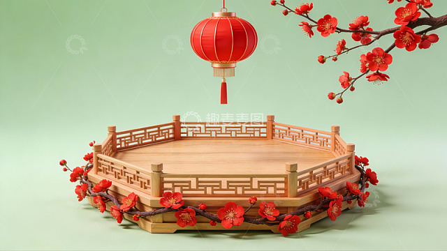 中式红灯笼与梅花装饰场景
