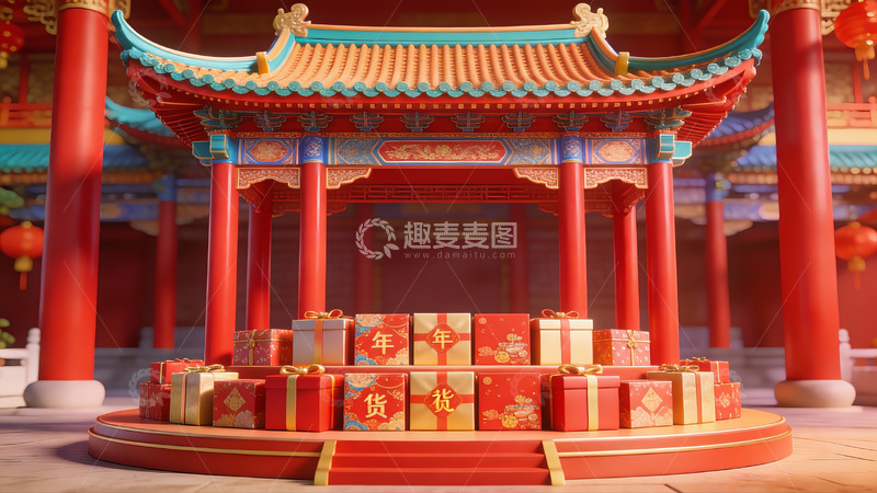 高清大图下载【趣麦麦图】传统建筑前的节日礼盒