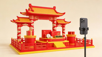 红色中式建筑模型与手机拍摄