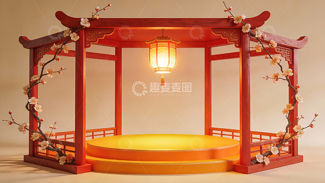 中式亭台与梅花灯饰