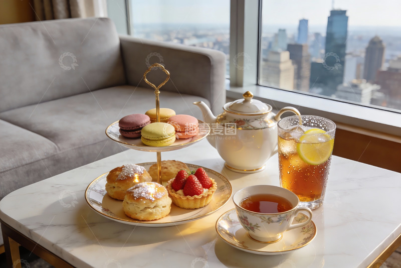 高清大图下载【趣麦麦图】窗边下午茶城市景观