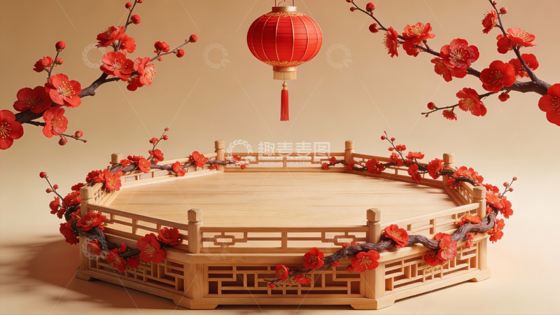 高清大图下载【趣麦麦图】中式红梅灯笼装饰场景