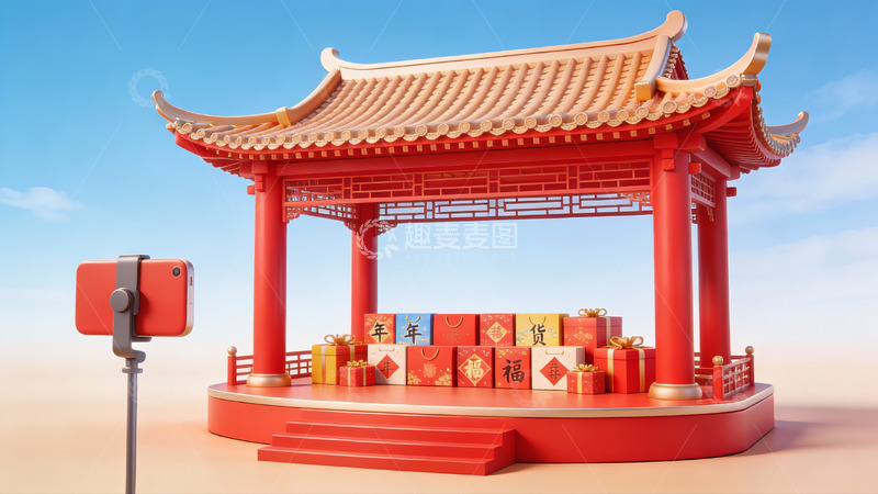 高清大图下载【趣麦麦图】红色亭台与节日礼盒场景