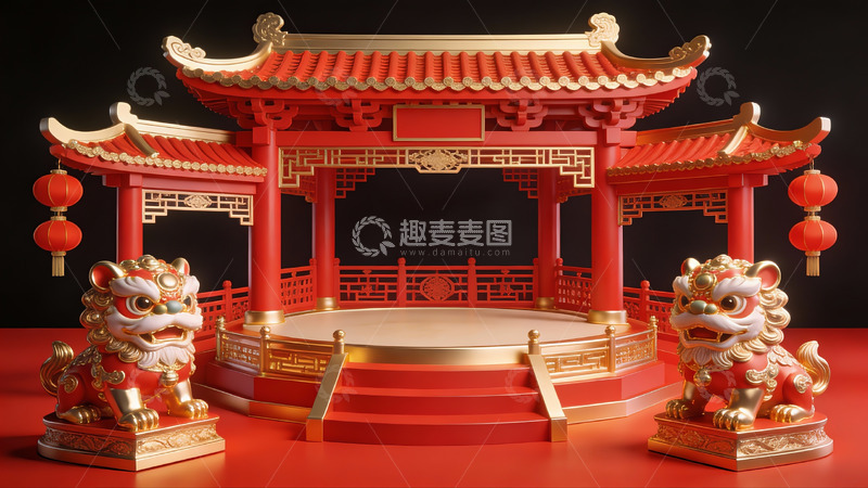 高清大图下载【趣麦麦图】中式红色亭台与石狮摆件