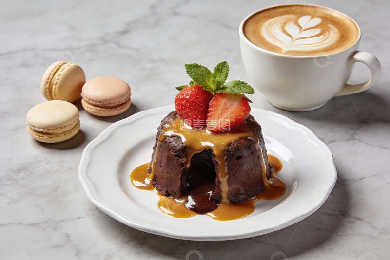 高清大图下载【趣麦麦图】巧克力甜品配咖啡与马卡龙