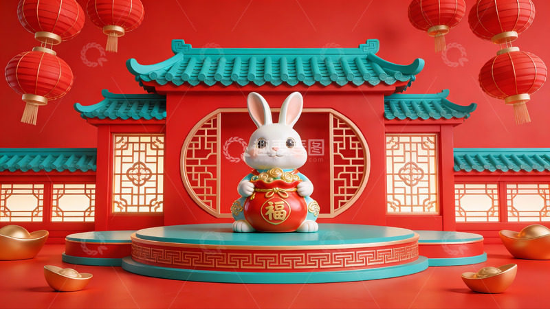 高清大图下载【趣麦麦图】兔子手持福袋的节日场景