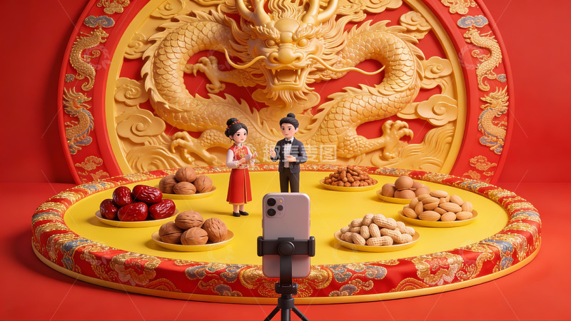 高清大图下载【趣麦麦图】龙纹背景下的传统节庆摆拍