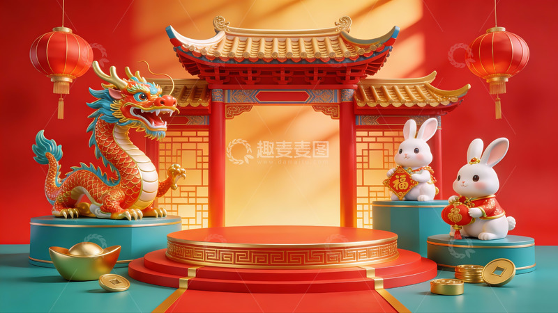 高清大图下载【趣麦麦图】春节龙兔祥瑞场景