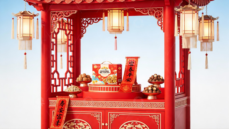 高清大图下载【趣麦麦图】传统红色亭台摆设节日食品