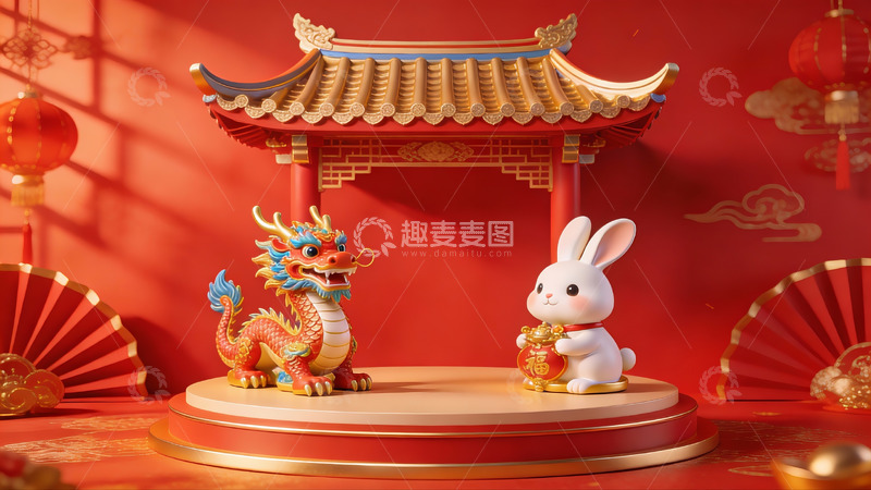 高清大图下载【趣麦麦图】龙兔共庆传统节日场景