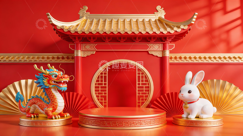 高清大图下载【趣麦麦图】中式传统建筑与龙兔摆件