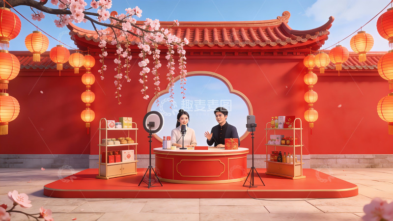 高清大图下载【趣麦麦图】传统建筑前的直播场景