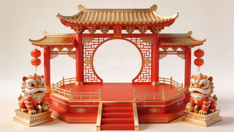 高清大图下载【趣麦麦图】中式传统亭台与舞狮摆件