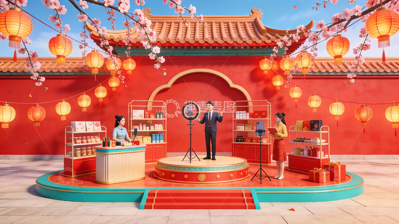 高清大图下载【趣麦麦图】传统建筑前的节日促销场景