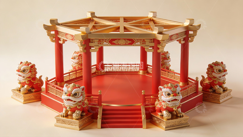 高清大图下载【趣麦麦图】中式亭台与舞狮雕塑摆件
