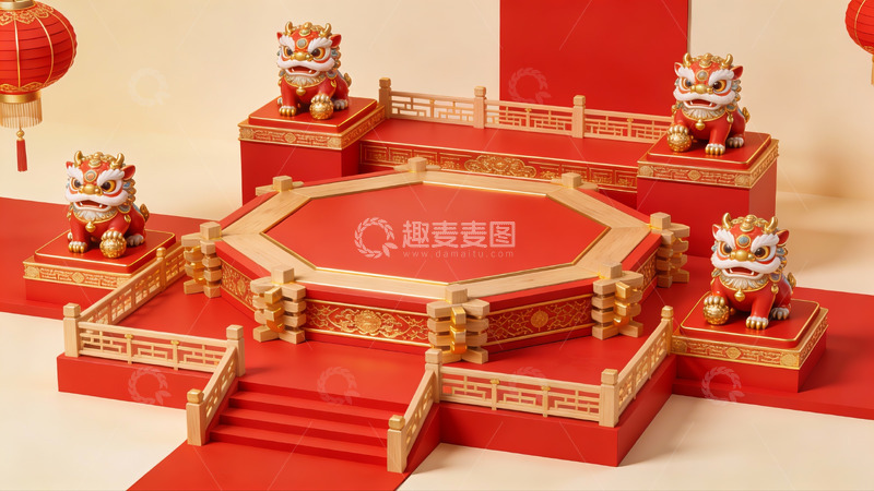高清大图下载【趣麦麦图】红色中式舞狮舞台场景