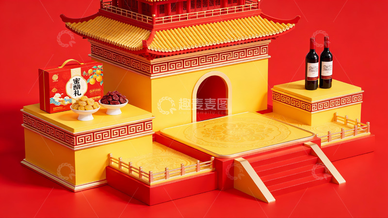 高清大图下载【趣麦麦图】中式宫殿模型与节日礼盒展示