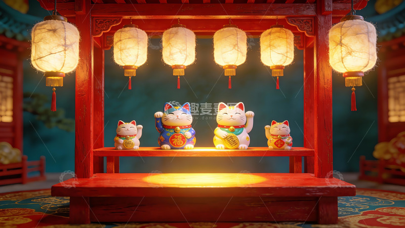 高清大图下载【趣麦麦图】招财猫摆件与灯笼装饰