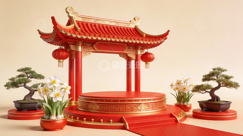 高清大图下载【趣麦麦图】中式红色亭台与盆景装饰