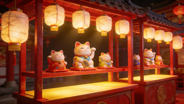 招财猫摆件陈列于灯笼装饰的展架