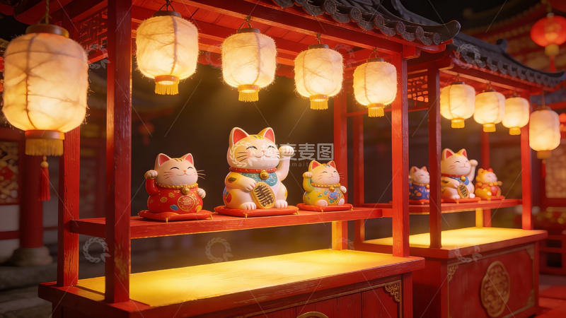 高清大图下载【趣麦麦图】招财猫摆件陈列于灯笼装饰的展架