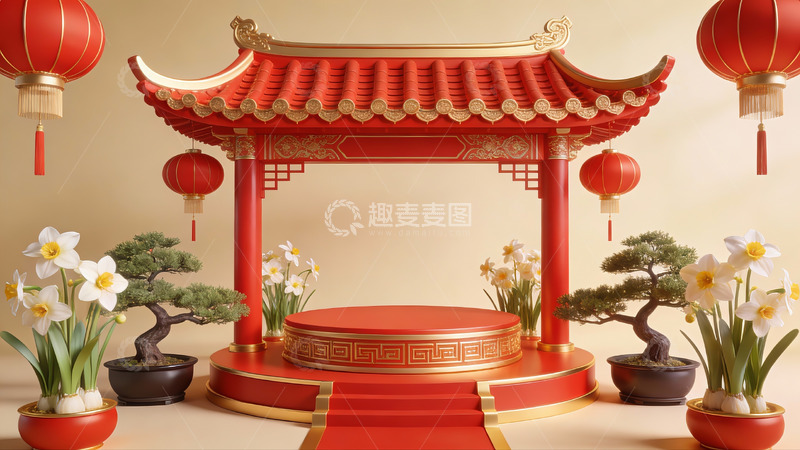 高清大图下载【趣麦麦图】中式传统亭台与花卉装饰