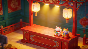 中式红木供桌与招财猫