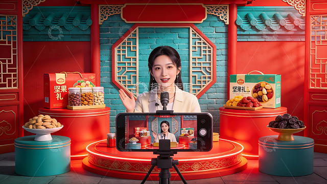 主播在传统风格场景中进行直播