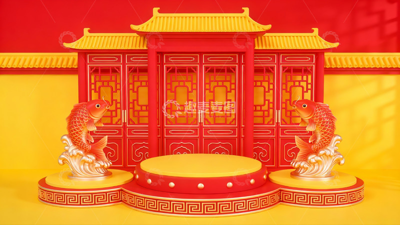 高清大图下载【趣麦麦图】中式传统建筑与金鱼雕塑场景