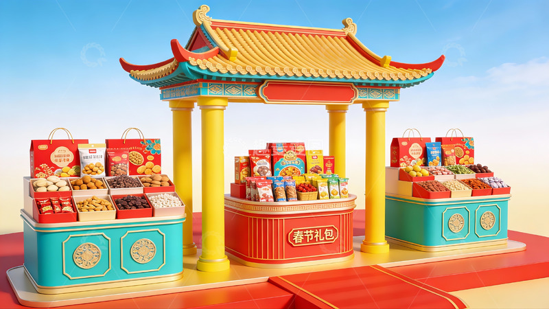 高清大图下载【趣麦麦图】春节礼盒展示摊位
